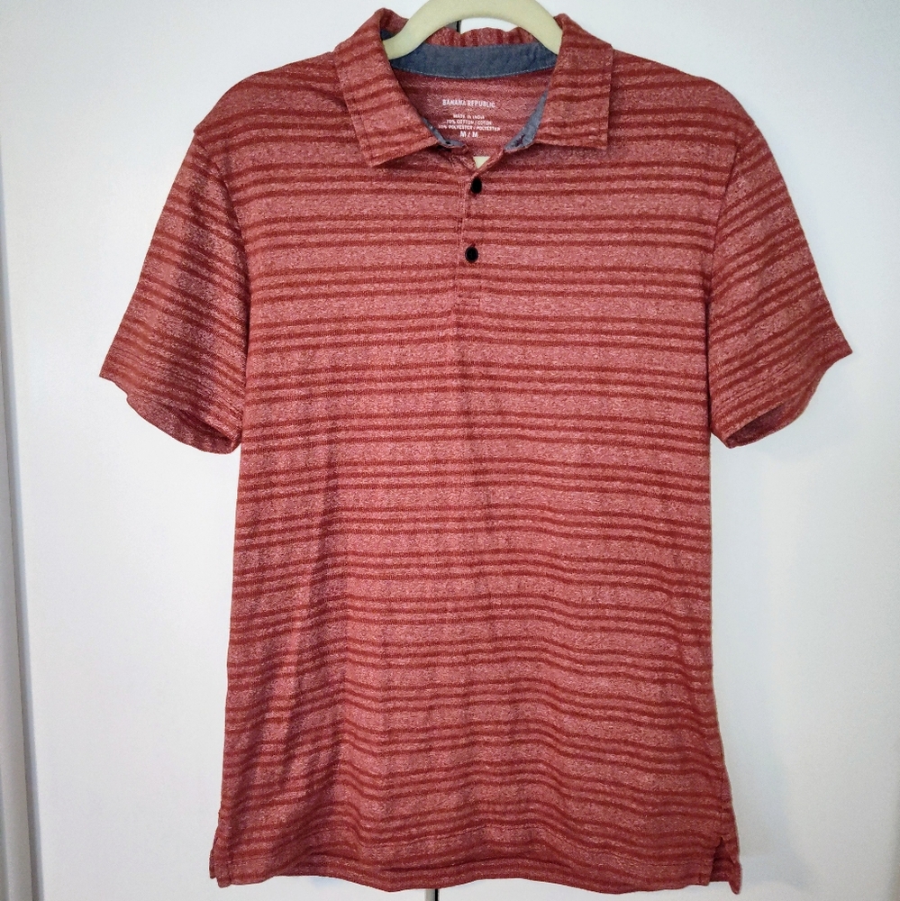 Banana Republic Factory Men Striped Stretch Performance Polo Shirt Rust Medium